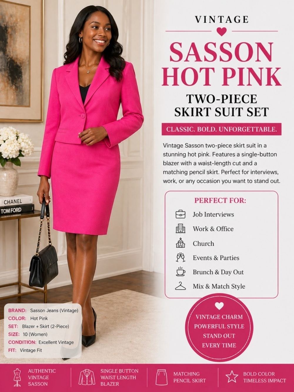 Vintage Sasson Women’s Size 10 Hot Pink Suit Blazer Pencil Skirt